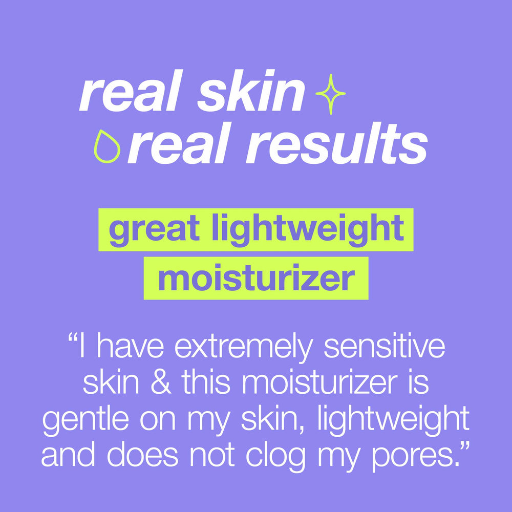 Promotional text for aqua jelly on a purple background with 'real skin, real results' and 'great lightweight moisturizer' text.
