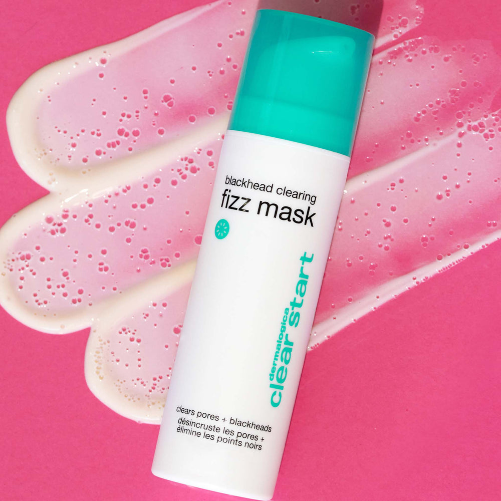 Blackhead clearing fizz mask with green cap on pink background