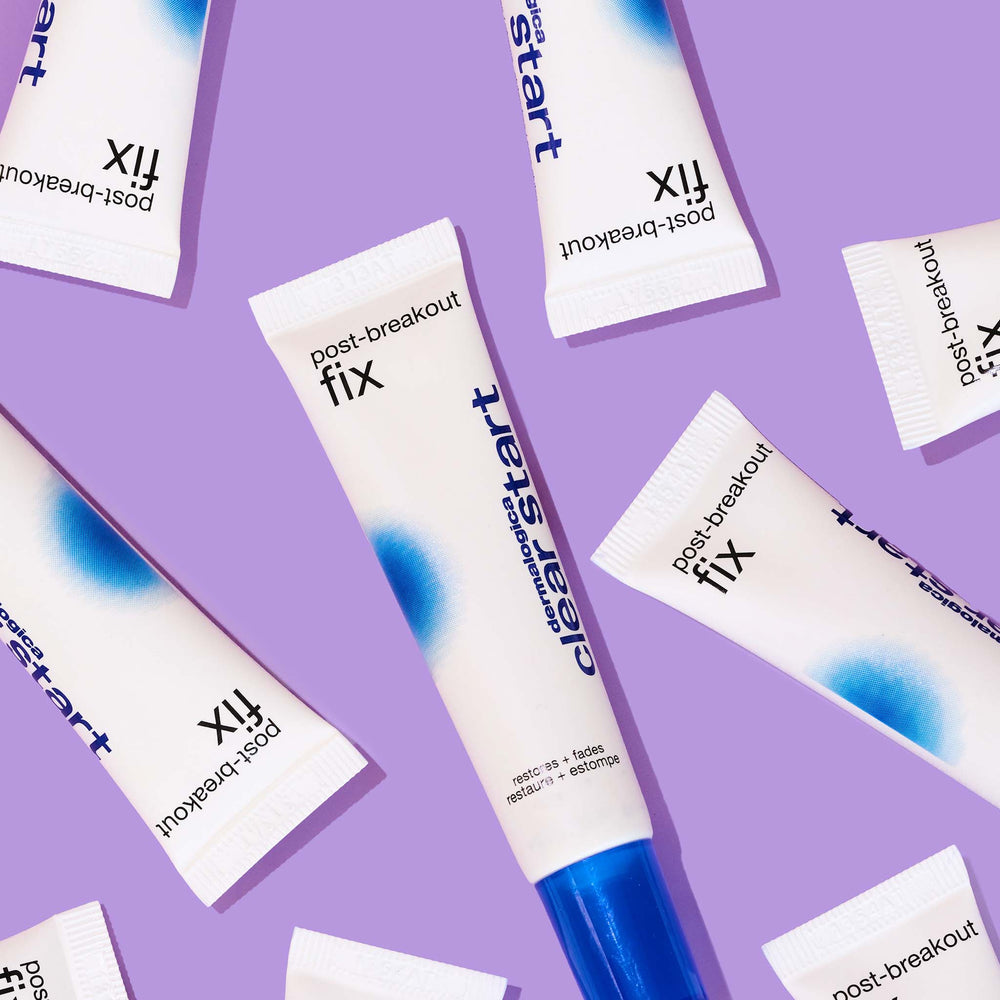 Multiple 'post-breakout fix' skincare products on a purple background