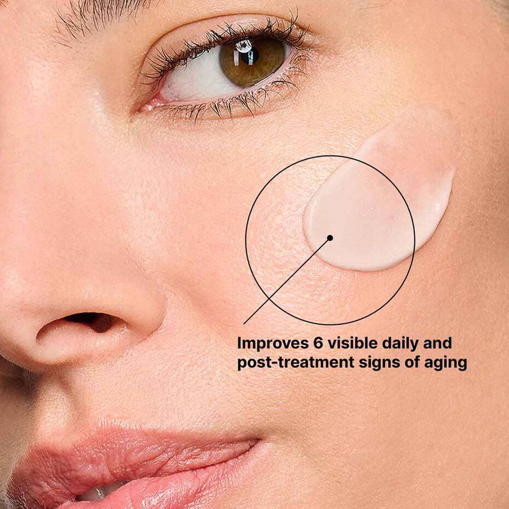 Close-up of a person's face with a focus on the eye area, showing text about improving aging signs.