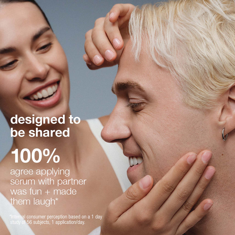 Two people smiling and applying a serum, with text about its popularity.