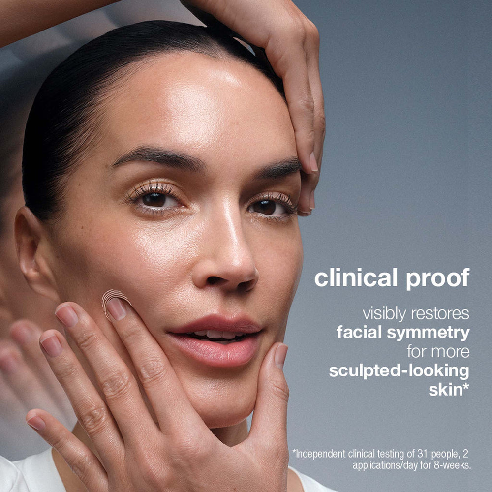 Woman touching her face with a gray background and text about clinical proof of skin restoration.