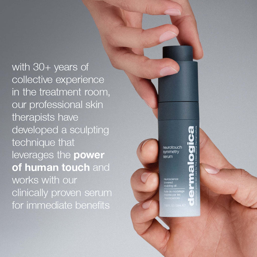 Dermalogica serum bottle held by a hand with promotional text on a gray background