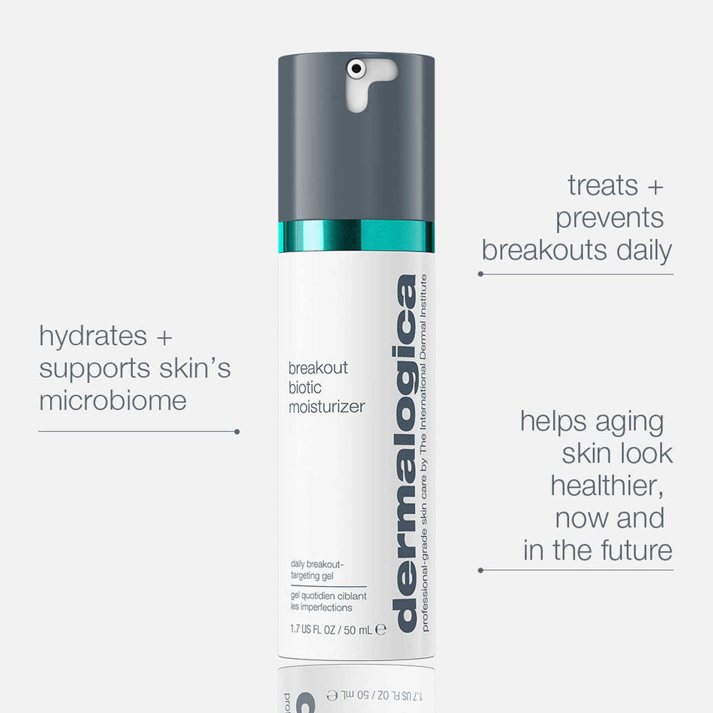 Dermalogica breakout biotic moisturizer bottle with text highlighting product benefits.