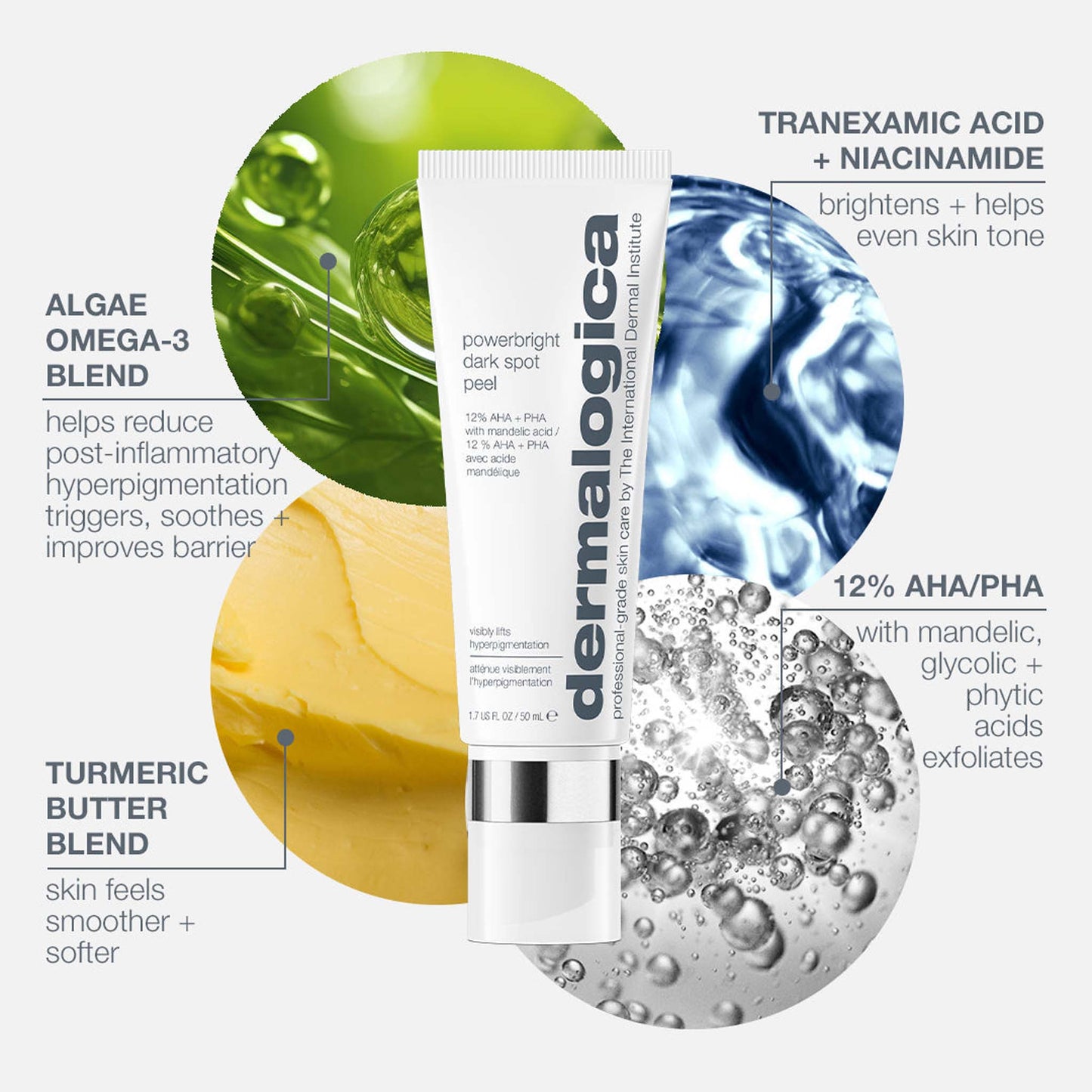 Dermalogica powerbright dark spot peel with ingredients and benefits displayed