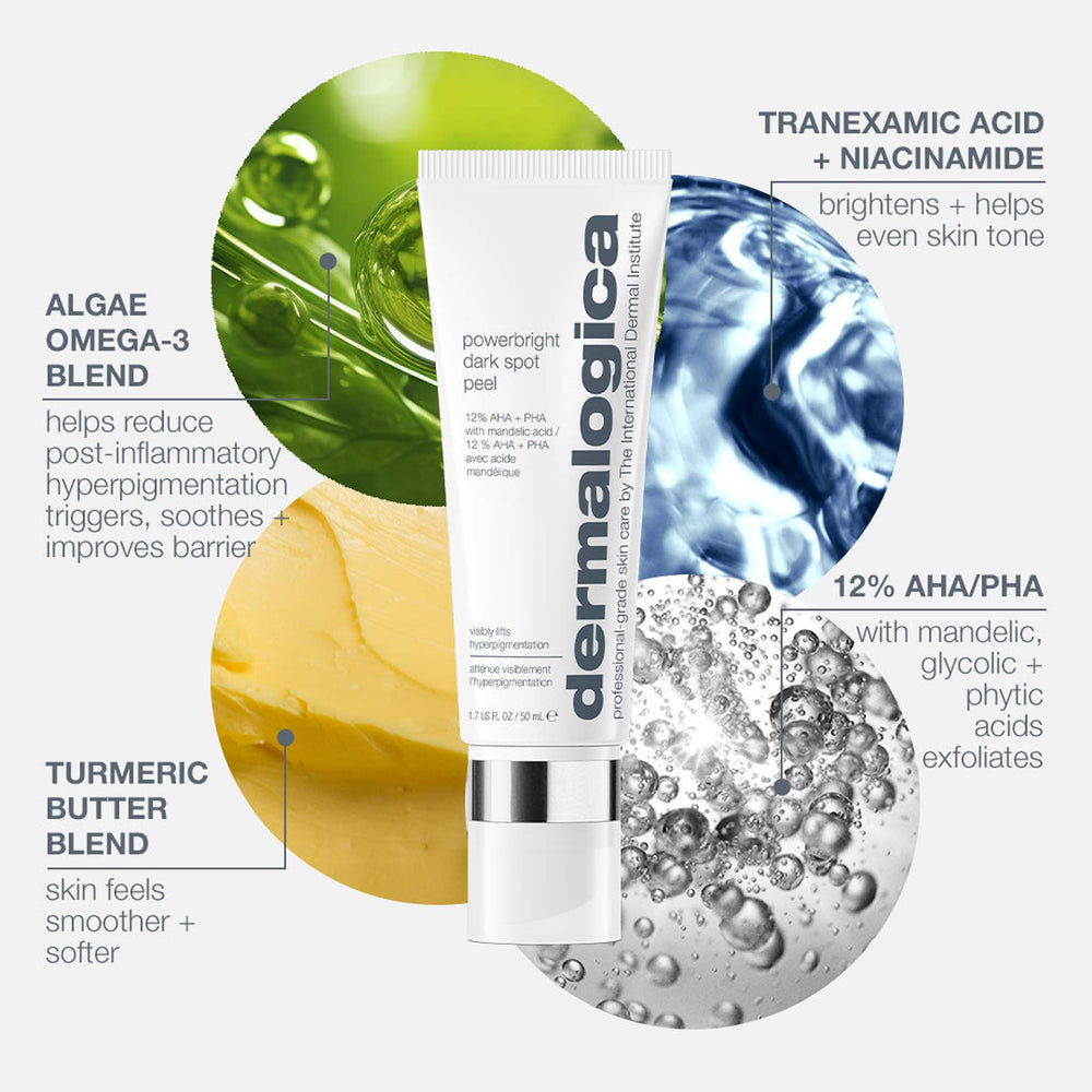 Dermalogica powerbright dark spot peel with ingredients and benefits displayed