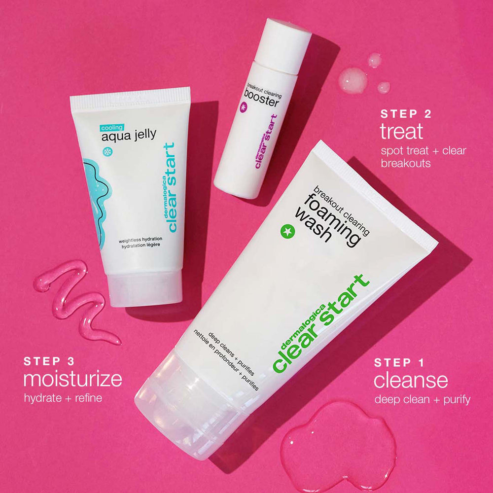 Dermalogica breakout clearing kit  products on a pink background with step-by-step instructions.