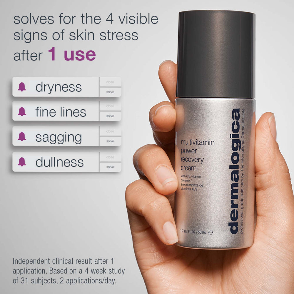 dermalogica multivitamin power recovery cream solving 4 visible signs of skin stress after 1 use; dryness, fine lines, sagging, dullness
