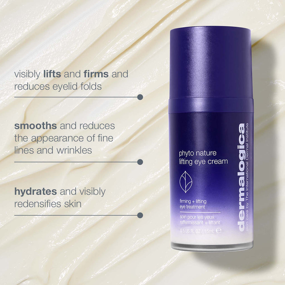 dermalogica phyto nature lifting eye cream bottle with text highlighting its benefits on a light background