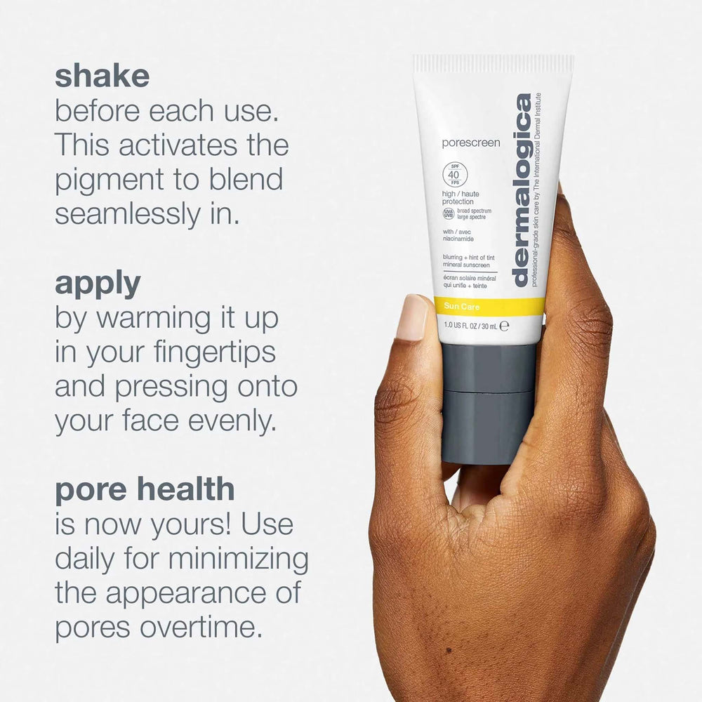 dermalogica porescreen product being held by a hand with usage instructions on a white background