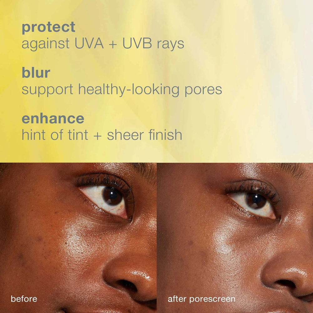 Before and after comparison of a person's face with text about skincare benefits.