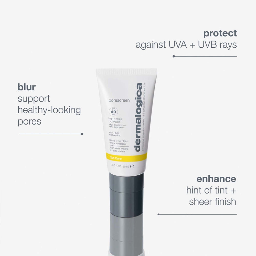 dermalogica porescreen tube with features listed on a white background