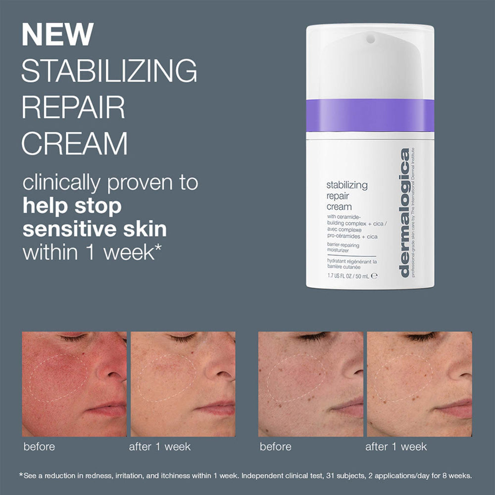 Dermalogica stabilizing repair cream with before and after effects on skin on a gray background