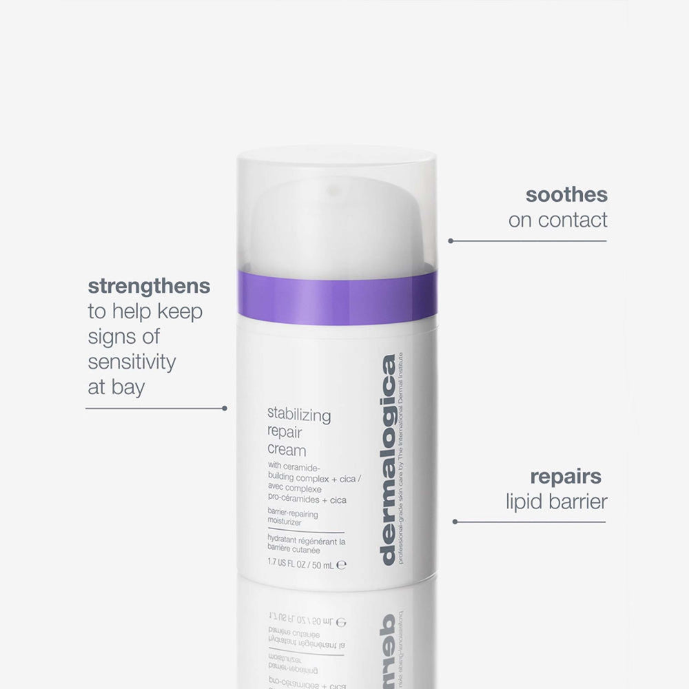 Dermalogica stabilizing repair cream bottle with text on a white background