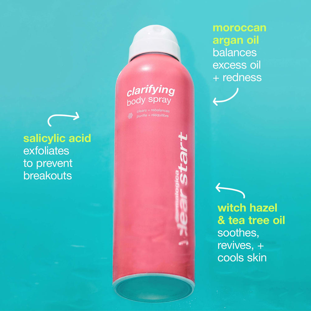 Pink clarifying body spray bottle with text on a teal background