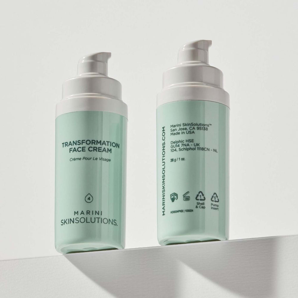 Two bottles of Marini Skinsolutions Transformation Face Cream on a light gray background